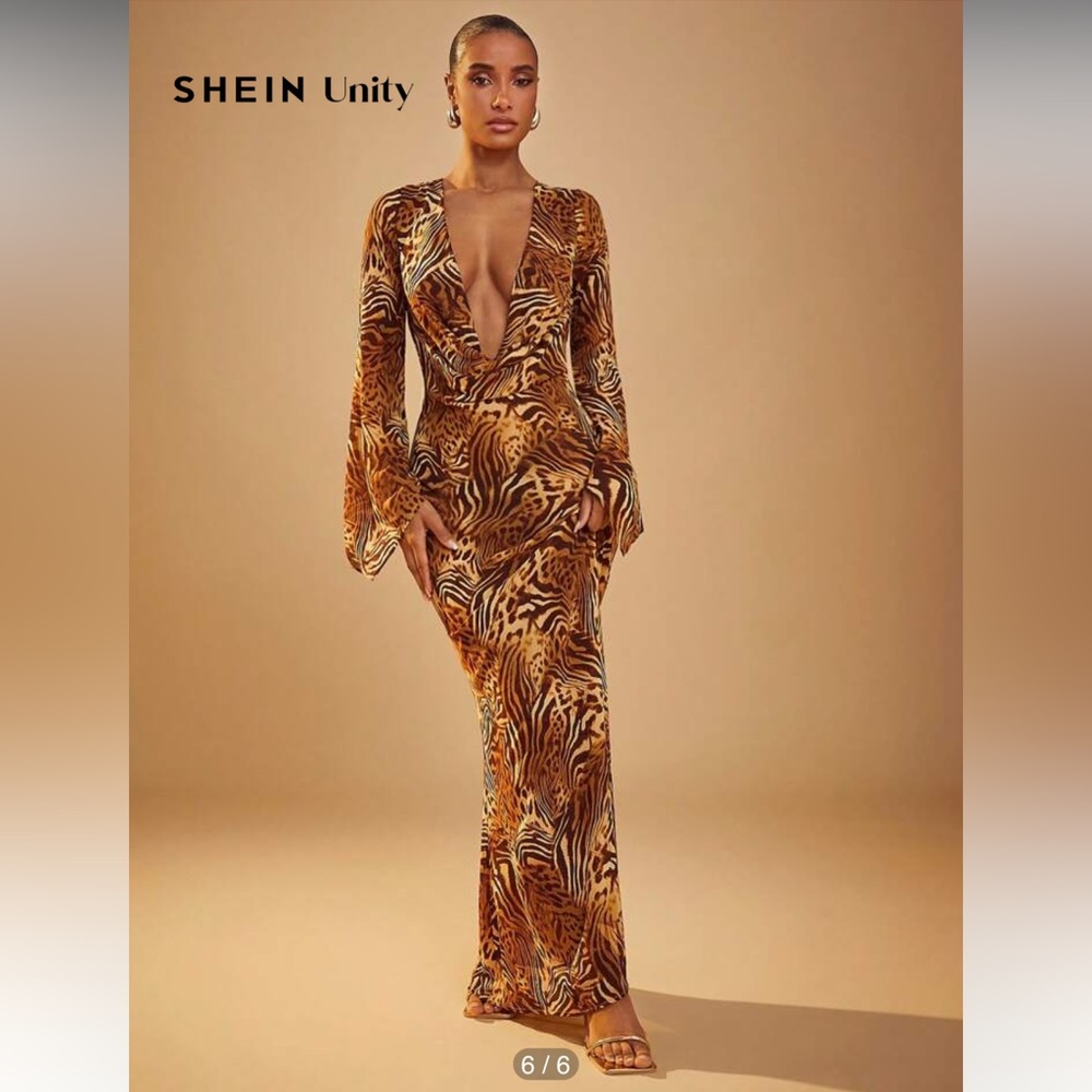 SHEIN Zebra Leopard Animal Print Cowl Neck Sheer Mermaid Cut Maxi Dress Chiffon